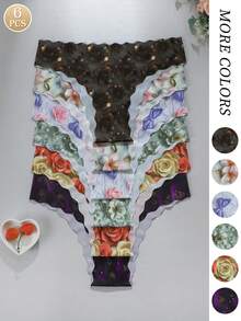 6pcs/Pack - 3D Floral Print Seamless Women's Wavy Edge Underwear, Breathable & Comfortable Ladies' Triangle Panties For Sports & Yoga - Multicolor - View 3