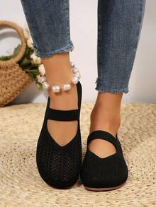 2025年秋季女士四季针织玛丽珍平底鞋，纯色一脚蹬圆头鞋，织物鞋面和衬里，橡胶鞋底，可机洗 - 黑色 - 查看 6