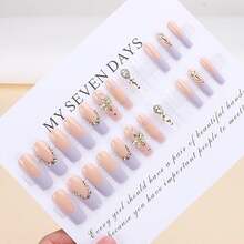 Long Press French Tip False Nails With 3D Gold Butterfly Rhinestones Designs, Glossy Glue On Nails Artificial Summer Stick On Nails For Women, 24Pcs - 長款-C5C1 - 查看 2