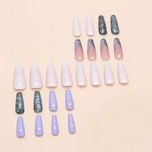 Long Coffin Press On Nails Glitter Full Cover Glue On Nails Sparkly Fake Nails Long Coffin Nail Press Ons Acrylic Artificial Nails Cute Stick On Nails For Women 24Pcs - 長款-C5C32 - 查看 3