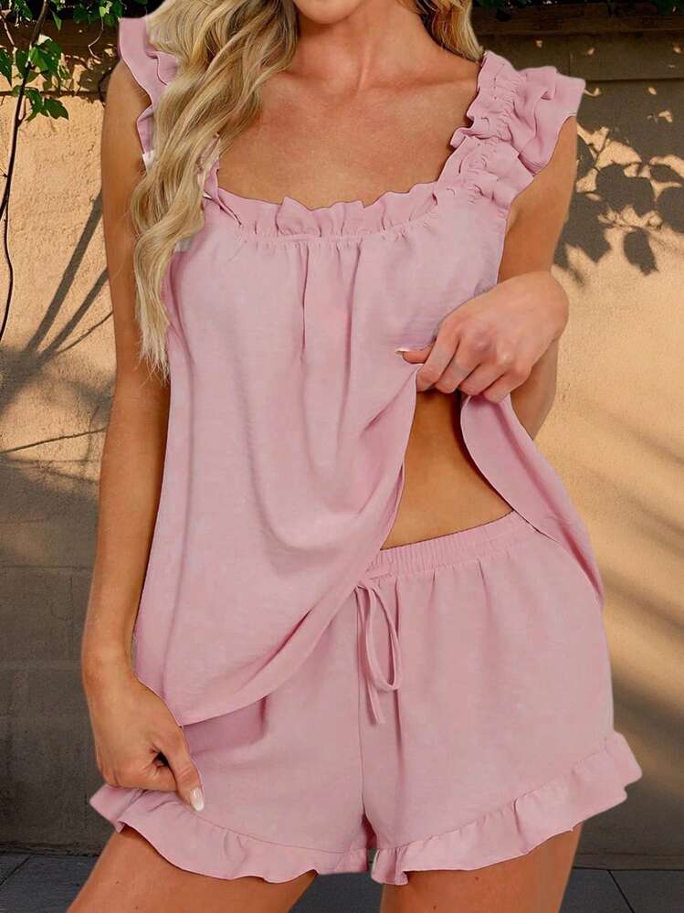 Women's Summer Lounge Set Ruffle Shoulder Strap Tank Tops Drawstring Shorts Sleepwear Sets - Dusty Pink - View 2