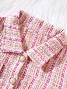 Girls' Elegant Plaid Set, Long Sleeve Button-Up Top, Flared Hem Bodycon Dress, Fashionable For Children In Spring And Autumn - Pink - View 8
