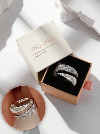 Gift Box Minimalist Cubic Zirconia Geometric Open Ring, Suitable For Women's Engagement, Party Wear, Valentine's Day Gift