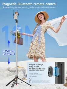 AXNEN 68.89 英寸便携式自拍杆，自动弹出式稳定三脚架，带手机支架，360°旋转，可拆卸手机支架，多功能可伸缩手机三脚架，带磁吸遥控快门，兼容智能手机/相机/GoPro