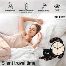 2D Flat, 1pc Cute Little Black Cat Decorative Wall Clock, Super Silent Quartz Movement, No Ticking Sound, Decorative Clock For Living Room, Bedroom, Office, Kitchen And Cafe, Perfect For Christmas, New Year, Valentine's Day Gifts - Multicolor - View 5