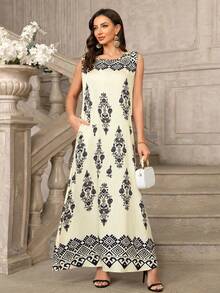 Casual Elegant Sleeveless Round Neck Women's Dress, Geometric Pattern Woven Fabric With Pockets, Suitable For Birthday Party, Date, Spring/Summer/Autumn - Black - View 1