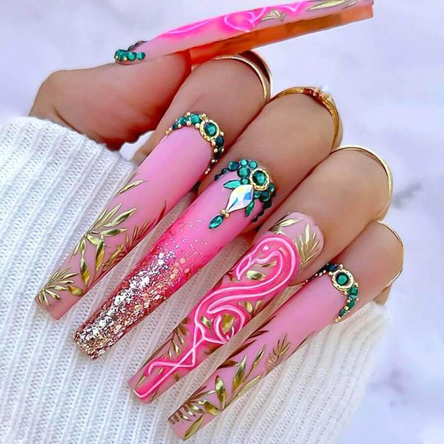 Long Press On Nails Coffin Fake Nails Pink False Nails With Gold Leaf Designs Long Nail Press Ons Glitter Glue On Nails Glossy Artificial Nails Fall Cute Stick On Nails For Women 24Pcs - 長款-C5C23 - 查看 1