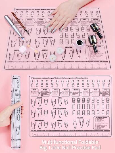 Alfombrilla de práctica de arte de uñas multifuncional y transparente, alfombrilla de escritorio reutilizable de silicona suave y resistente al agua, alfombrilla de arte de uñas plegable adecuada para práctica de arte de uñas, aplicación de esmalte de uñas, salón de uñas, bricolaje en casa