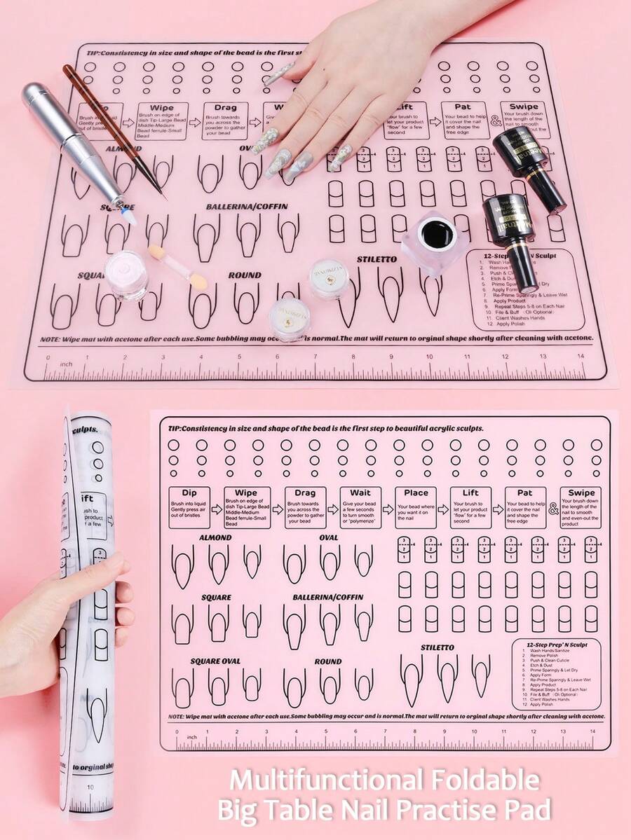 多功能透明美甲练习垫，防水柔软硅胶可重复使用桌面垫，可折叠美甲垫，适用于美甲练习、涂抹指甲油、美甲沙龙、家庭DIY - 黑與白 - 查看 1