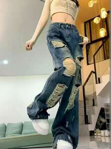 Distressed Maxi Denim Jeans For Women, Oversized Loose Fit Casual Streetwear Design