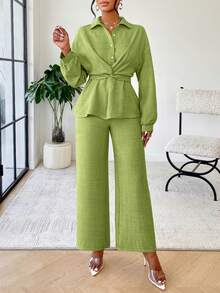 两件套女士夏季休闲简约日常翻领扭腰衬衫和宽松长裤套装，适合居家和通勤穿着。 - 綠色 - 查看 5