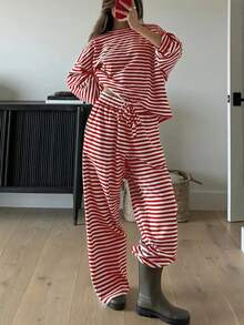 2-Pack Women's Autumn Striped Pajama Set Loose Round Neck Top Elastic Waist Pants Can Be Worn As Outerwear Home Clothes Set Drop Shoulder Sleeve Fashionable Temperament Y2K - 紅色 - 查看 3