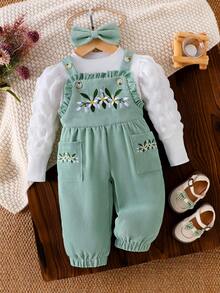 Baby Girl 3pcs Set Casual Outfit, Includes Solid Color Ribbed Splice Long Sleeve Tee Shirt, Floral Embroidery Bib Strap Pants With Pockets, And Bow Headband, Suitable For Spring & Autumn