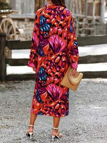 Plus Size Allover Orange Patterned Long Women's Dress - Burnt Orange - View 2