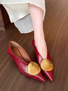 Fall/Winter 2025 Summer New Metal Buckle Pointed Toe Thin Heel Mid-Heel Mule Sandals For Women, Closed Toe Slip-On,Elegant - Burgundy - View 6