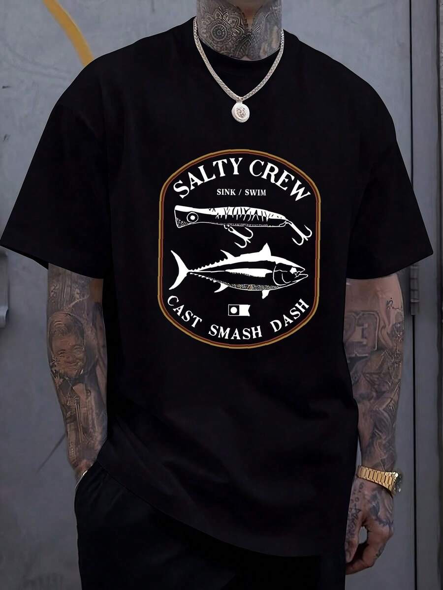 180g Pure Cotton Salty Crew Cast Smash Dash Black 2-Sided T Shirt, Men's Size Medium Graphic Comfortable Stretched Designer Clothes Stylish Soft Breathable Fashion For Women Unisex Streetwear Summer Print Round Neck Short Sleeve Casual Versatile Top For Everyday Wear Homme Slightly - 黑色 - 查看 1