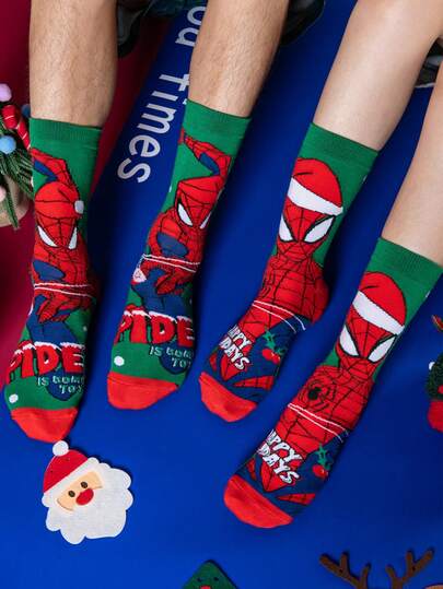 Marvel 2 pares de calcetines de Spiderman superhéroe de Disney para Navidad y Año Nuevo, calcetines con diseño de gorro de Papá Noel y personajes animados de Marvel para hombres y mujeres, calcetines divertidos de superhéroes