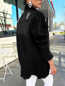 Women's Black Distressed Denim Jacket With Buttons - Casual, Chic And Versatile-Fall Clothes For Women - Black - View 8