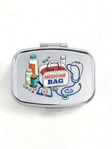 可爱药瓶字母系列图案双层便携式药盒，迷你金属收纳盒，便携式药盒，适合返校季，创意卡通图案礼品 - 銀色 - 查看 14