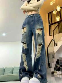 Distressed Maxi Denim Jeans For Women, Oversized Loose Fit Casual Streetwear Design