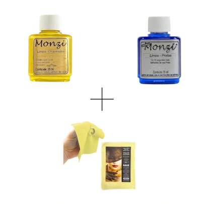 Kit Limpa Prata 925 Monzi + limpa folheado + flanela p/ joia