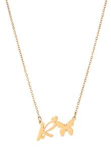 1pc Fashionable Stainless Steel Butterfly 26 Letter Pendant Necklace, Waterproof, Non-Fading, Lucky Letter, Gift, Daily Wear - Yellow Gold - View 14