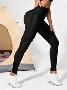 Seamless Wide Waistband Sports Leggings - Black - View 4