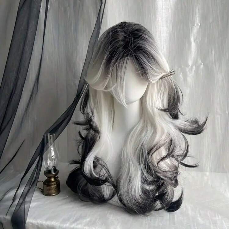 26-Inch Long Black And White Curly Waves Synthetic Hair Wig - Soft, Comfortable Rose Net, Perfect For Everyday, Parties, And Holidays, Realistic Texture, For Halloween Everyday Hairpiece | Stylish Hairpiece | Realistic Texture, Hair Wigs - Ombre - View 2