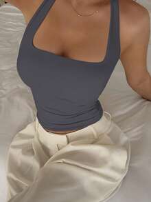 XLLAIS 性感露背吊带背心 时尚方领弹力休闲修身夏季女式吊带衫 - 深灰色 - 查看 8