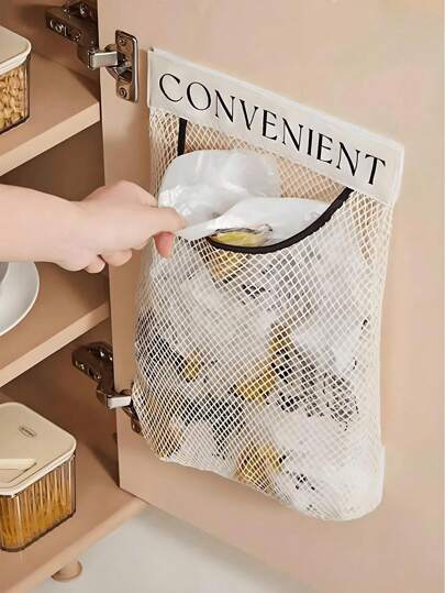 Kitchen Garbage Bag Storage Rack Wall-Mounted Large Capacity Plastic Bag Storage Net With Hook-And-Loop, Wall Mounted Storage Bag, Large Capacity Mesh Storage Bag, Reusable Bag, Washable Wall Hanging Fruit Basket, Lightweight Multifunctional Kitchen Hanging Bag, Simple Storage Garbage Storage Bag, Sutiable To Use In Kitchen, Kitchen Storage Goods