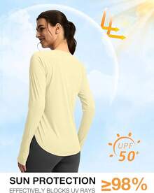 Womens Shirts UPF 50+ Lightweight Quick Dry Long Sleeve Workout Hiking Tops Outdoor - 淡黃色 - 查看 2
