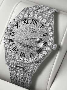 1Pc Luxury Diamond Roman Numeral Day-Date Display Stainless Steel Silver Men's Quartz Watch Sparkling Statement Accessory​ - Silver - View 1