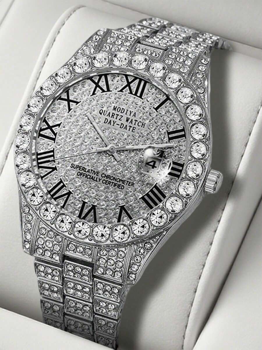 1Pc Luxury Diamond Roman Numeral Day-Date Display Stainless Steel Silver Men's Quartz Watch Sparkling Statement Accessory​ - Silver - View 1