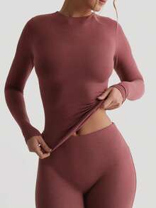 XLLAIS Thu Đông Quần áo xuân co giãn ôm sát Áo thun dài tay màu đỏ nóng bỏng thường ngày dành cho nữ - Hạt dẻ nhạt - Xem 3