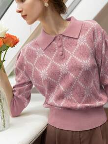 Simple Retro Áo len dệt kim họa tiết hoa diên vĩ Ariana theo phong cách tối giản cổ điển. - Hồng - Xem 3