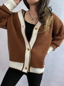 Women's Autumn/Winter Dropped Shoulder Long Sleeve Contrast Ribbed Button-Front Cardigan, Everyday Knitwear
