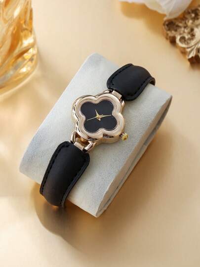 ساعة فاخرة ذات طابع راقي للسيدات بتصميم رجعي مع شريط جلد طبيعي، تصميم ورقة البرسيم ذات الأربع أوراق كعلامة حظ، مناسبة للارتداء اليومي، هدية مثالية للنساء