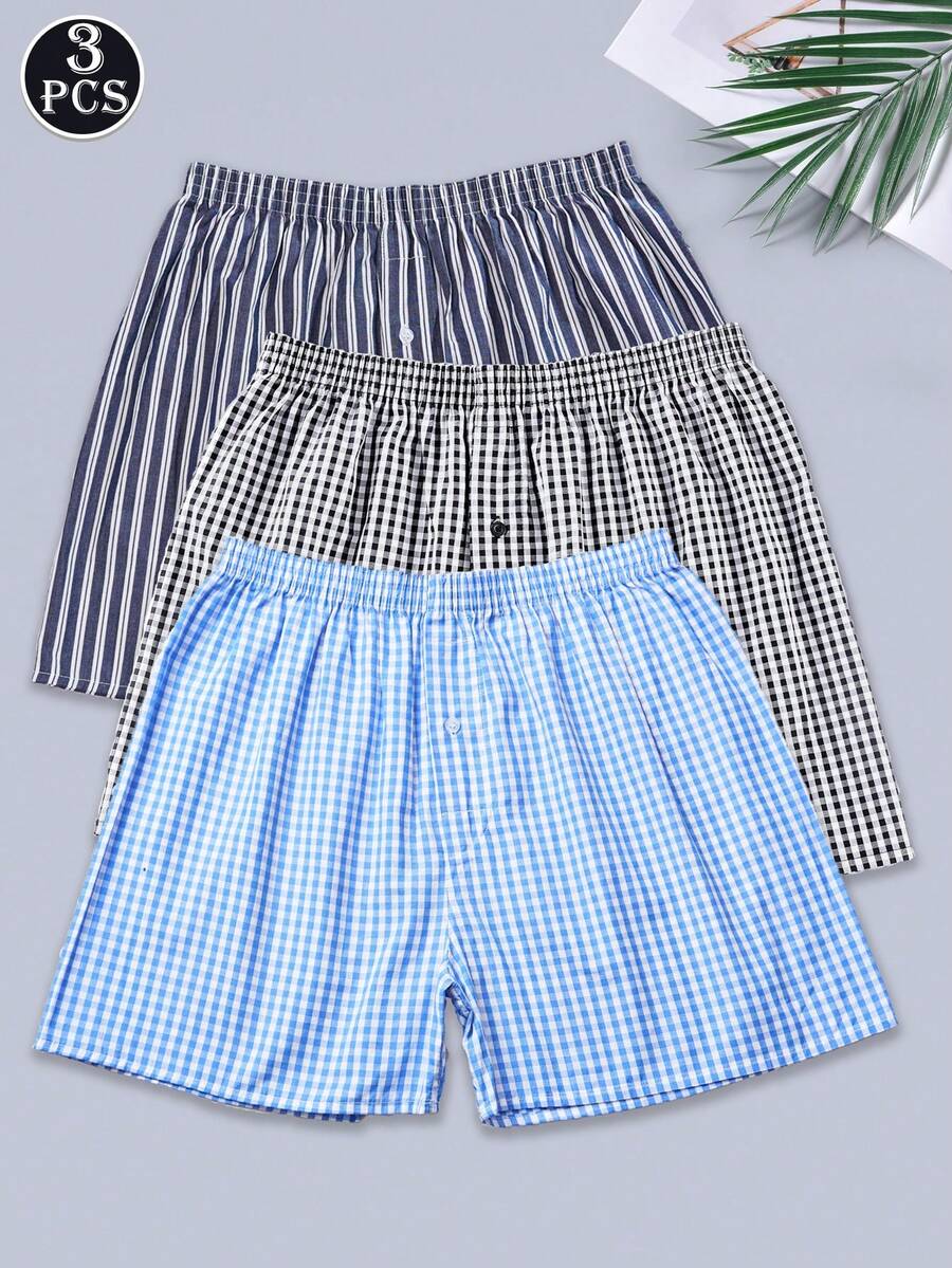 3pcs Men's Classic Plaid & Striped Casual Boxer Briefs - Multicolor - View 1