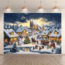 1 Piece Festive Christmas Village Landscape Banner With Snow Covered Houses, Reindeer Sleigh And Santa Claus, Suitable For Christmas, New Year Celebration, Holiday Gifts, Weddings, Birthdays, Anniversaries, Family Gatherings, Theme Parties, Bedroom, Living Room, Yard And Outdoor Decoration, Studio Props, Event Decoration