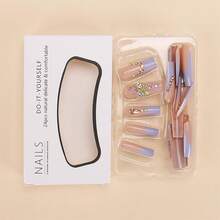 Long Press French Tip False Nails With 3D Gold Butterfly Rhinestones Designs, Glossy Glue On Nails Artificial Summer Stick On Nails For Women, 24Pcs - 長款-C5C1 - 查看 3