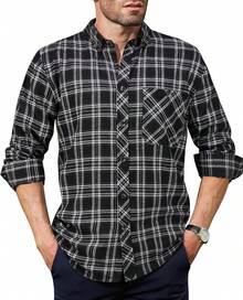 Mens Flannel Shirts Long Sleeve Dress Shirts For Men Casual Button Down Big And Tall Button Up Shirt - Black White Plaid - View 2