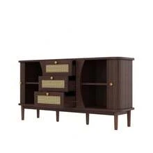 Sideboard, Rattan Chest Of Drawers, Chest Of Drawers With Sliding Doors, Adjustable Shelves And Rounded Top. - Natural + Particle Board - View 4
