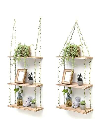 1pc Boho Chic Hanging Floating Shelf With Faux Ivy Garland Rustic Wooden Floating Shelves For Plant Display, Photo Frames, And Decorative Accents, Easy Assembly, Perfect For Bohemian Home Decor, Boho Wall Decor