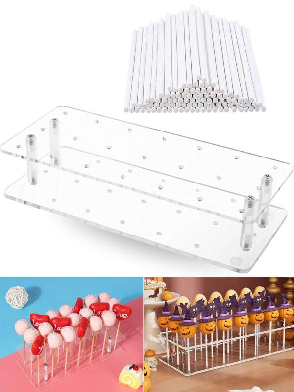 Cake Pop Stand And Lollipop Sticks, 21-Hole Transparent Acrylic Cake Stick Display Rack, Suitable For Cake Sticks With A Diameter Of Less Than 0.2 Inches (5 Mm), 3.9-Inch Lollipop Sticks, Ideal For Dessert DIY Baking, Chocolate, Lollipops, Cake Toppers, Fruits, Birthday Party Decorations, Gender Reveal Parties, Baby Shower Parties,Christmas Party Supplies.