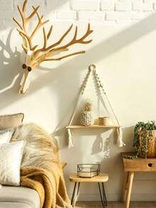 1pc Boho Chic Hanging Floating Shelf With Faux Ivy Garland Rustic Wooden Floating Shelves For Plant Display, Photo Frames, And Decorative Accents, Easy Assembly, Perfect For Bohemian Home Decor, Boho Wall Decor