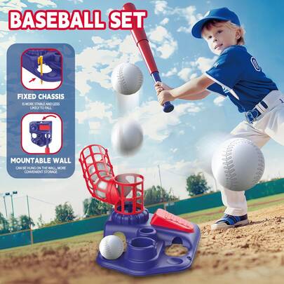 1 Bộ đồ chơi bóng chày cho trẻ em - Máy phóng bóng tự động & Gậy bóng chày có thể điều chỉnh với 4 quả bóng, Đồ chơi di động để chơi ở sân sau, Trò chơi đồng đội thể thao trong nhà/ngoài trời, Tương tác gia đình, Đồ chơi bóng chày cho bé trai và bé gái