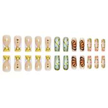 Long Square Press On Nails French Tip Fake Nails Gold Glitter False Nails With 3D Butterfly Designs Long Glue On Nails Sparkly Artificial Nails Cute Stick On Nails For Women 24Pcs - 長款-C5C43 - 查看 4