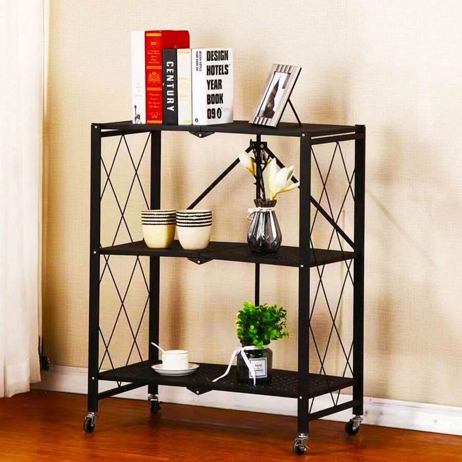 Bakaji Carrello Cucina Pieghevole Multiuso Mobile Portaoggetti Spazi Stretti Slim Comodo Sottile Salvaspazio Bagno Ufficio Arredamento Portaoggetti Design Interni Colore Nero, 3 Ripiani