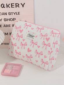 1 Bolsa de Cosméticos Grande com Estampa de Coração Rosa e Laço Acolchoada, Bolsa de Toucador Portátil com Zíper, Bolsa de Armazenamento de Maquiagem Pode Guardar Batom, Pincéis, Produtos de Cuidados com a Pele, Telefones Celulares, Moedas, Pequenos Itens, Adequada para Uso Doméstico, Viagem, Cruzeiro, Férias e Escola, Presentes de Dama de Honra de Casamento, Presentes de Aniversário, Presentes de Festival, Essenciais de Outono Universitários, Bolsa de Viagem de Férias para Mulheres, Bolsa de Maquiagem, Organizador de Maquiagem