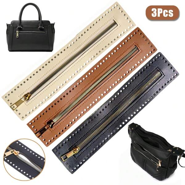 3Pcs PU Leather Zipper 10.6 Inch Leather Sewing Zipper Frame Handmade Bag Zippers Close End With PU Leather Frame For DIY Crochet Purse Sewing Jeans Handicraft Accessories